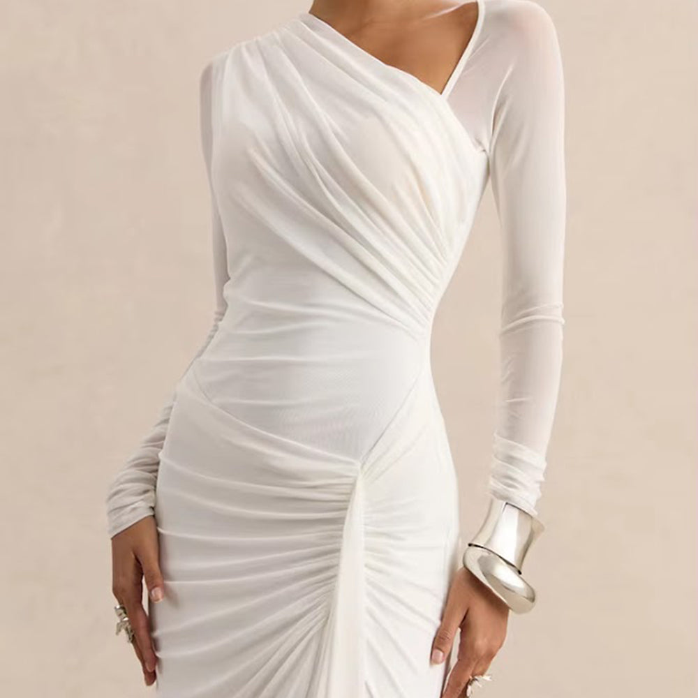 Close front view of the white Juliette gown with asymmetric V-neck draping and gathered long sleeves