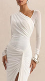 Full-length front view of the white gown with a ruched waist, high slit, and floor-length draped skirt