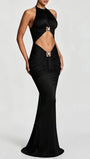 Front view of the black cutout maxi dress with halter neckline and sculpted waist openings