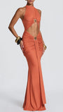 Three-quarter view of the terracotta maxi dress highlighting the jeweled cutout bodice
