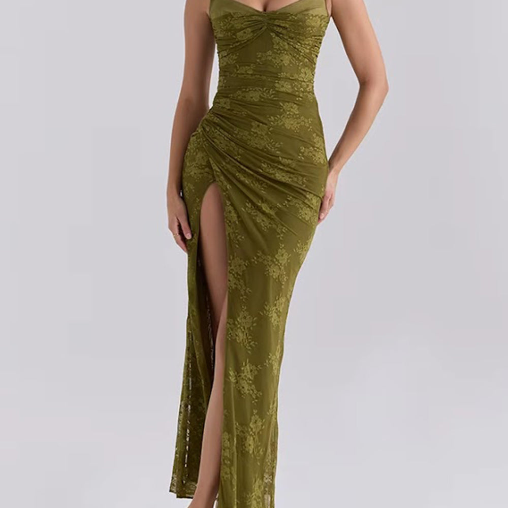 Front studio view of the olive Margot maxi dress with floral lace, ruched shaping, and a high thigh slit