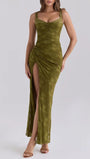 Front studio view of the olive Margot maxi dress with floral lace, ruched shaping, and a high thigh slit