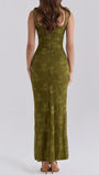 Back view of the olive lace maxi dress showing a fitted sleeveless bodice and ankle-length hem