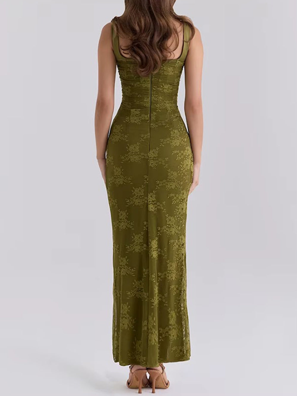 Back view of the olive lace maxi dress showing a fitted sleeveless bodice and ankle-length hem
