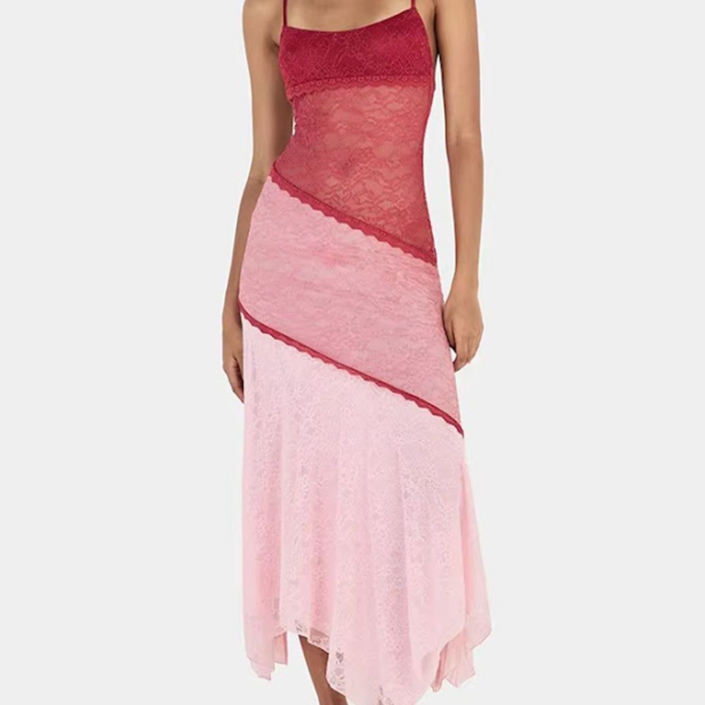 Front view of Paloma Lace Ombre Midi Dress with deep rose bodice, pale pink skirt, and asymmetric hem
