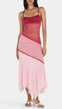 Front view of Paloma Lace Ombre Midi Dress with deep rose bodice, pale pink skirt, and asymmetric hem