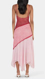 Back view of the rose ombre lace dress with slim straps and handkerchief midi skirt