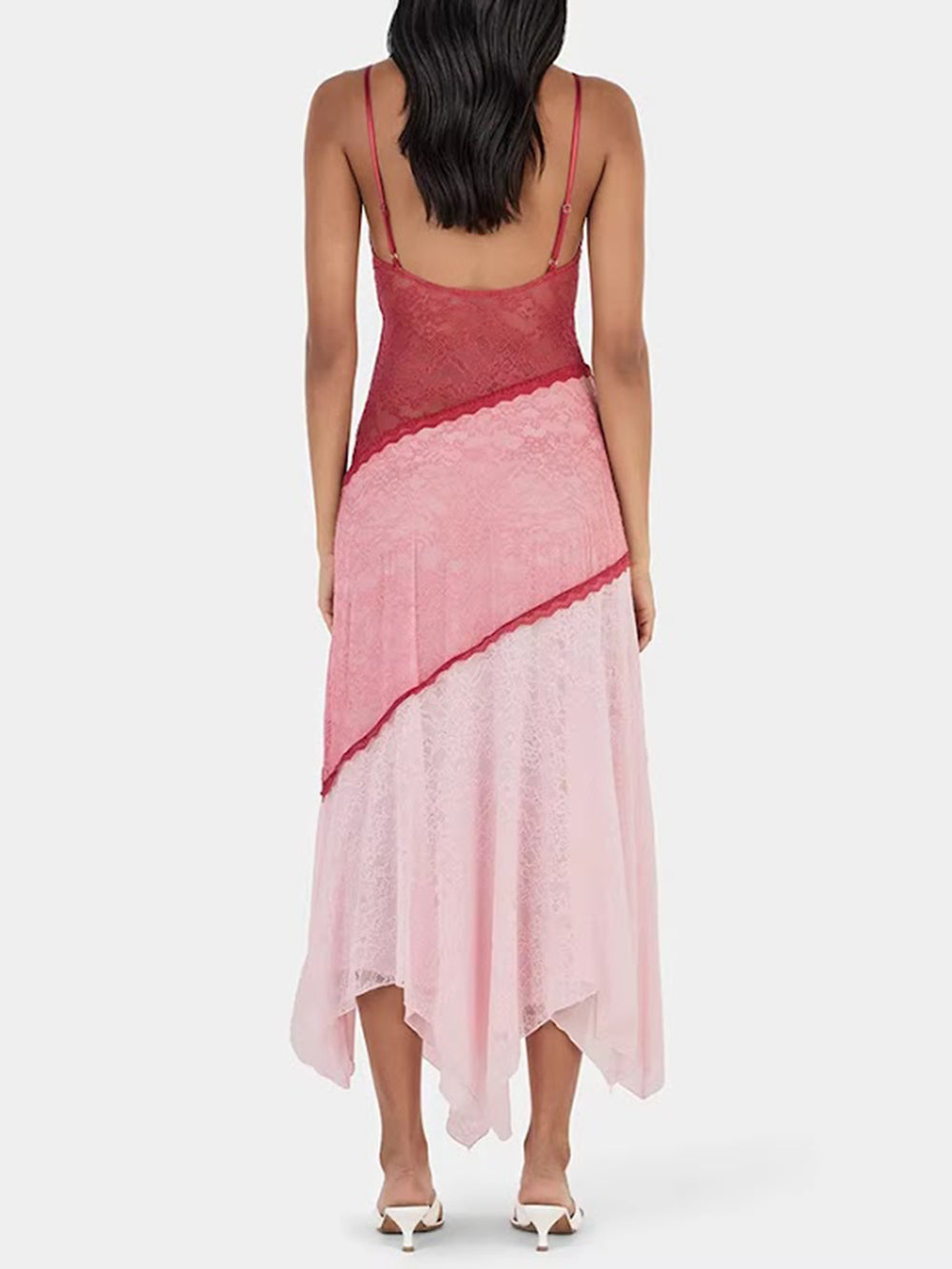 Back view of the rose ombre lace dress with slim straps and handkerchief midi skirt