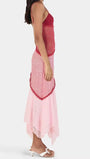 Side view of the two-tone lace midi dress showing its fitted bodice and uneven hemline