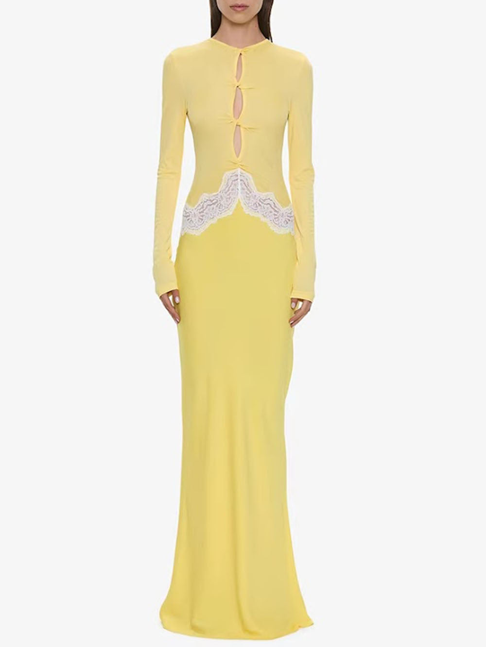 Front view of the butter yellow maxi dress with long sleeves, front keyholes, and lace waist detail