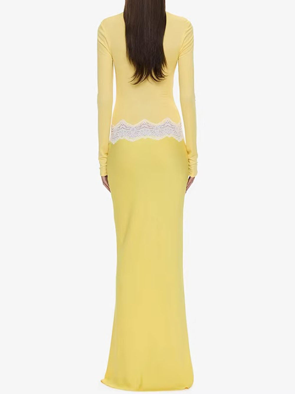 Back view of the butter yellow floor-length dress with white lace trim at the waist