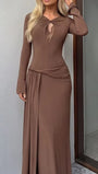 Full length view of the mink brown maxi dress with long sleeves and fluid hem
