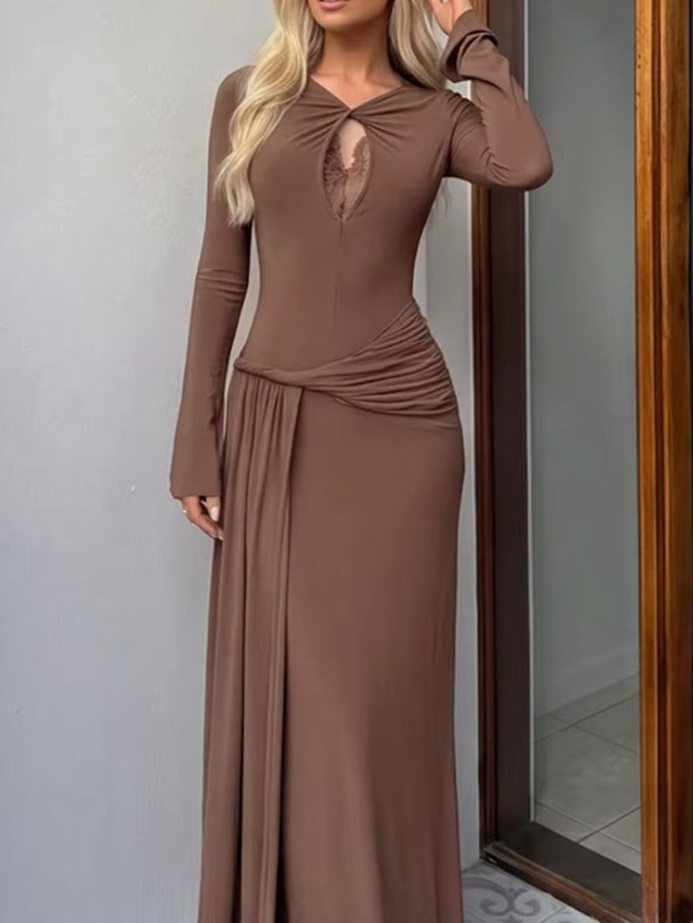 Full length view of the mink brown maxi dress with long sleeves and fluid hem