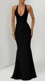 Front view of the black gown with plunging V neckline and sleek floor-length silhouette