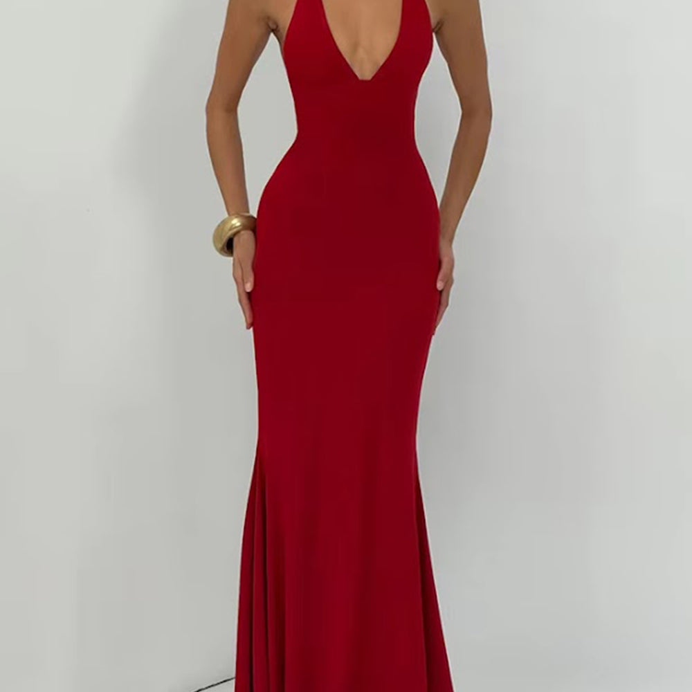 Front view of the crimson gown with deep neckline and subtly flared hem