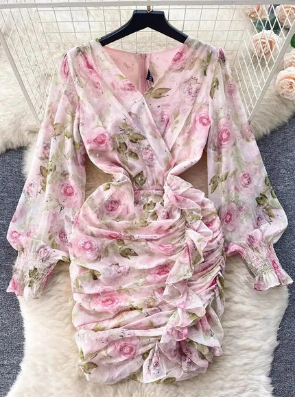 Adeline Ruffles Floral Bodycon Mini Dress - Fashion Pov