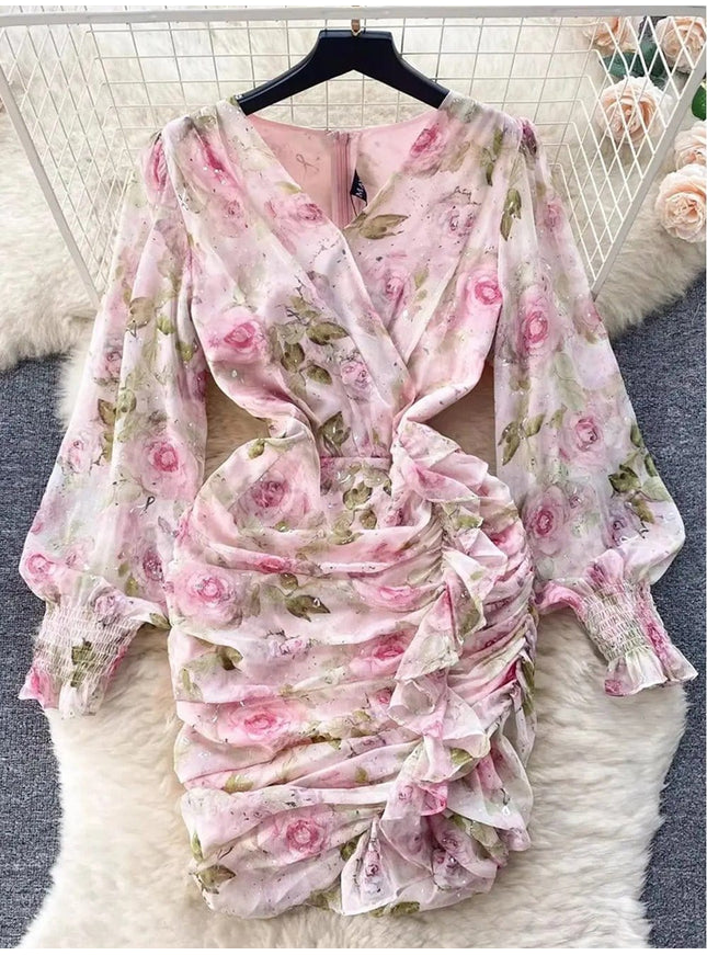 Adeline Ruffles Floral Bodycon Mini Dress - Fashion Pov