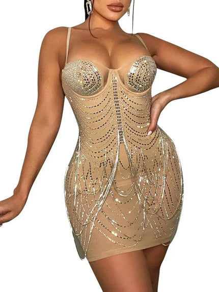 Alana Mesh Diamond Tassel Mini Dress - Fashion Pov