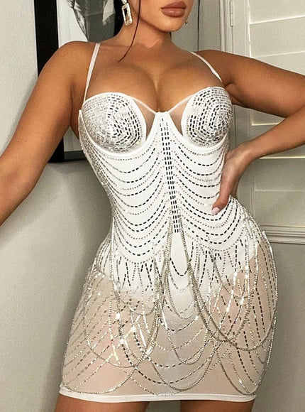 Alana Mesh Diamond Tassel Mini Dress - Fashion Pov