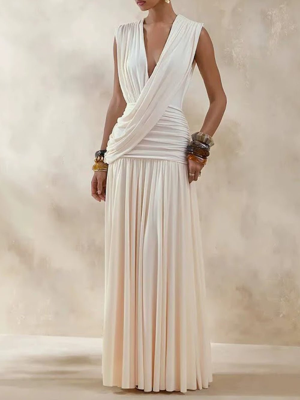 Alessia Ruched Plunge Maxi Dress - Fashion Pov
