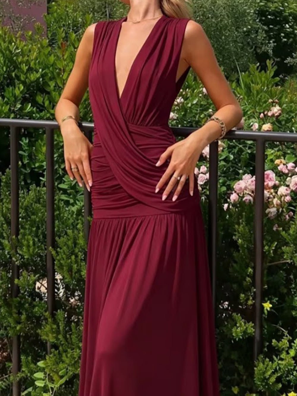 Alessia Ruched Plunge Maxi Dress - Fashion Pov