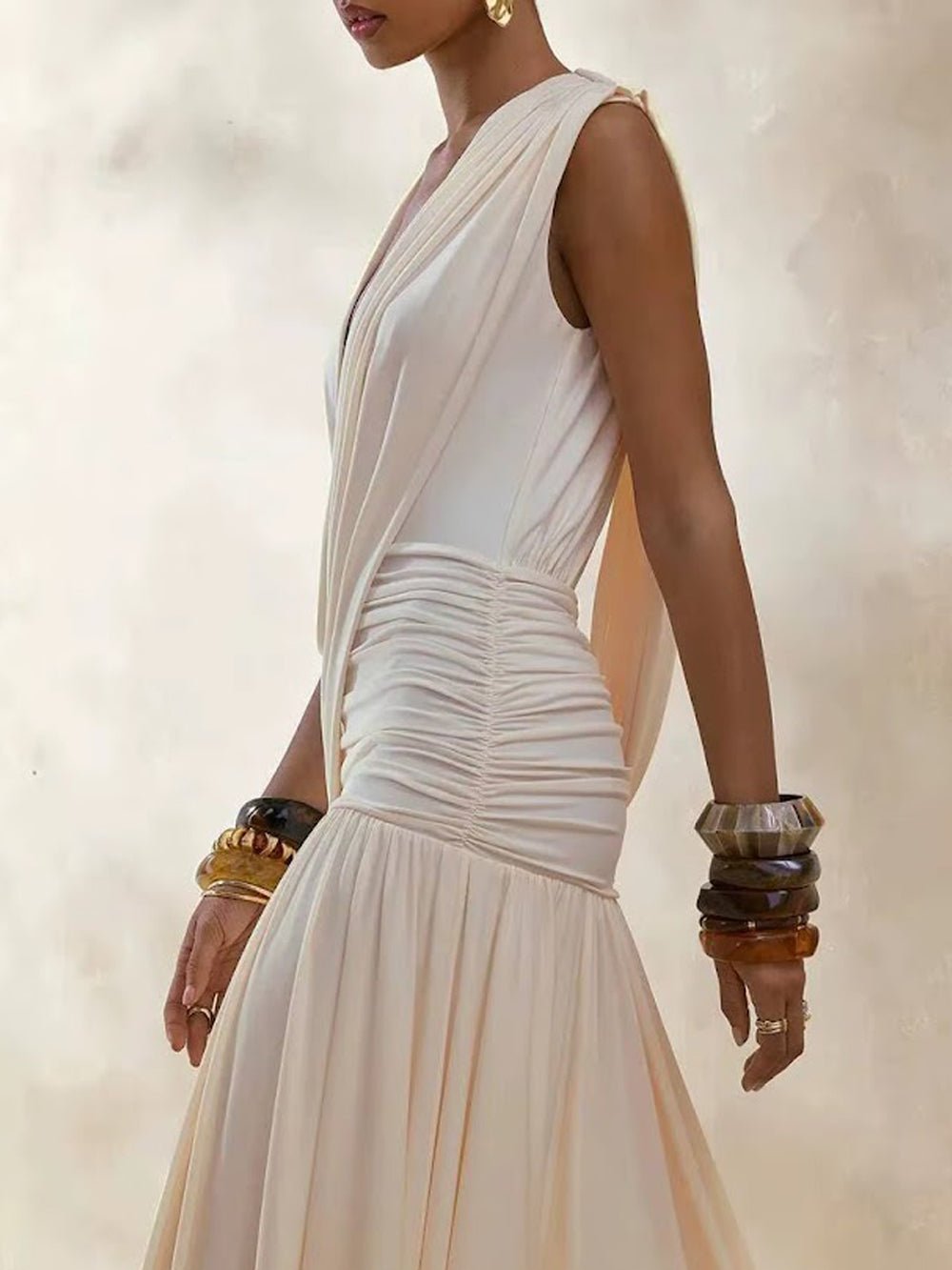 Alessia Ruched Plunge Maxi Dress - Fashion Pov