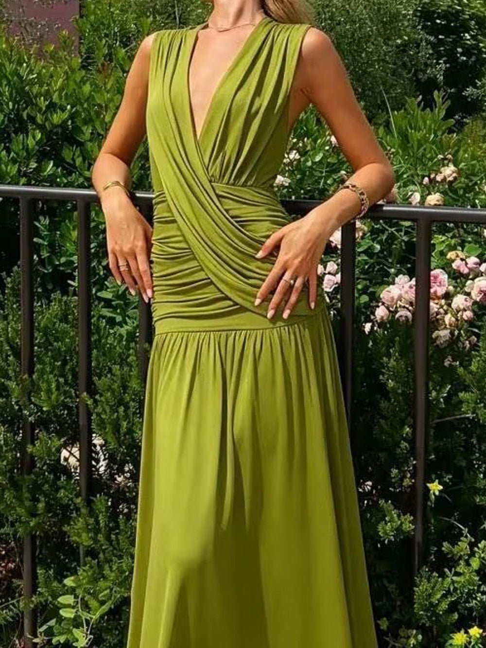 Alessia Ruched Plunge Maxi Dress - Fashion Pov