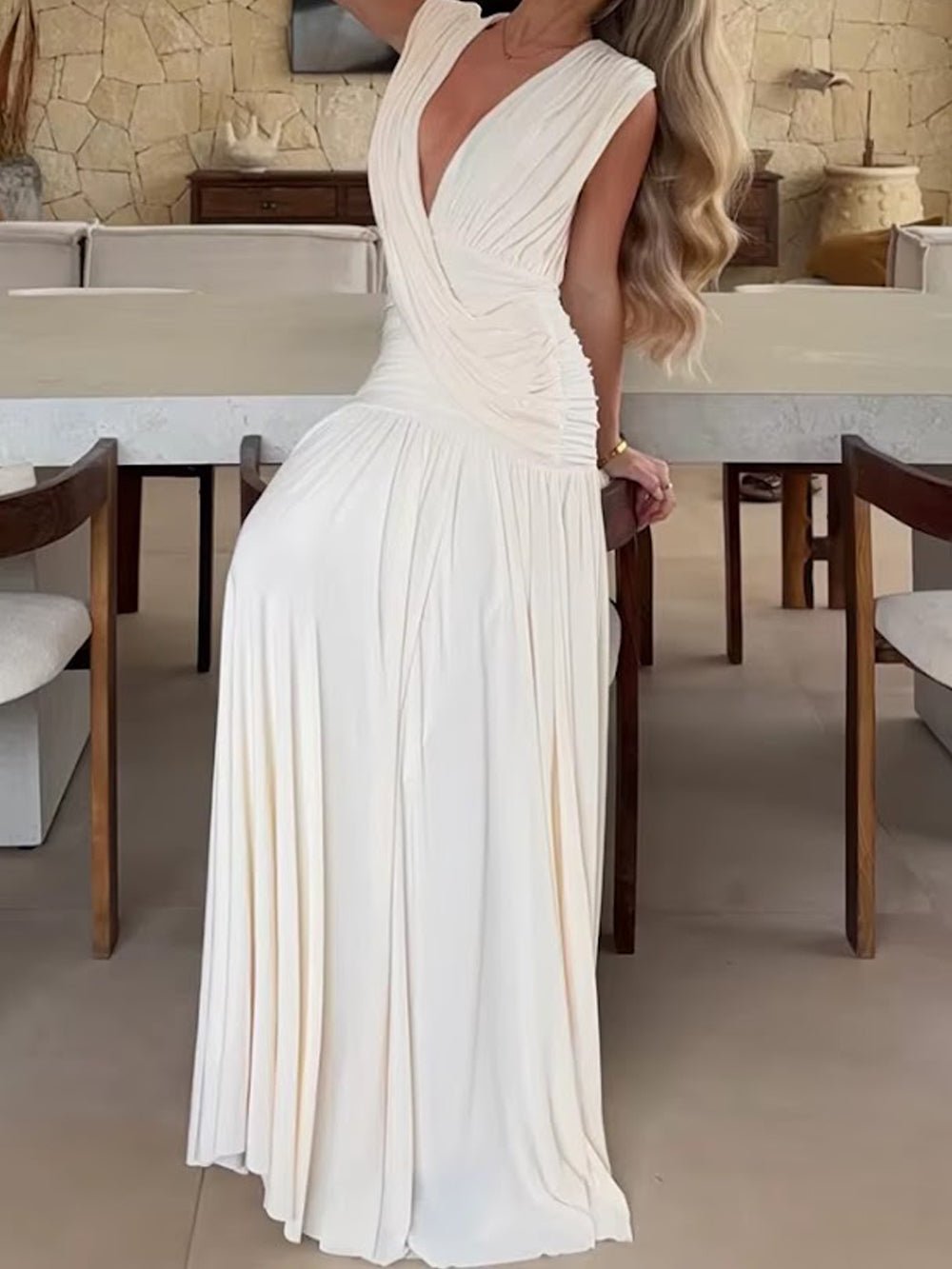 Alessia Ruched Plunge Maxi Dress - Fashion Pov