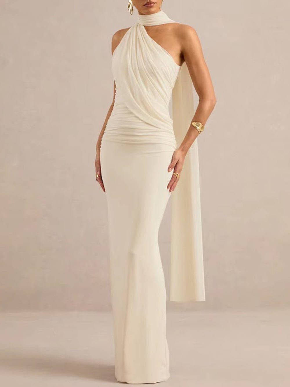 Amelie Draped Scarf Halter Maxi Dress - Fashion Pov