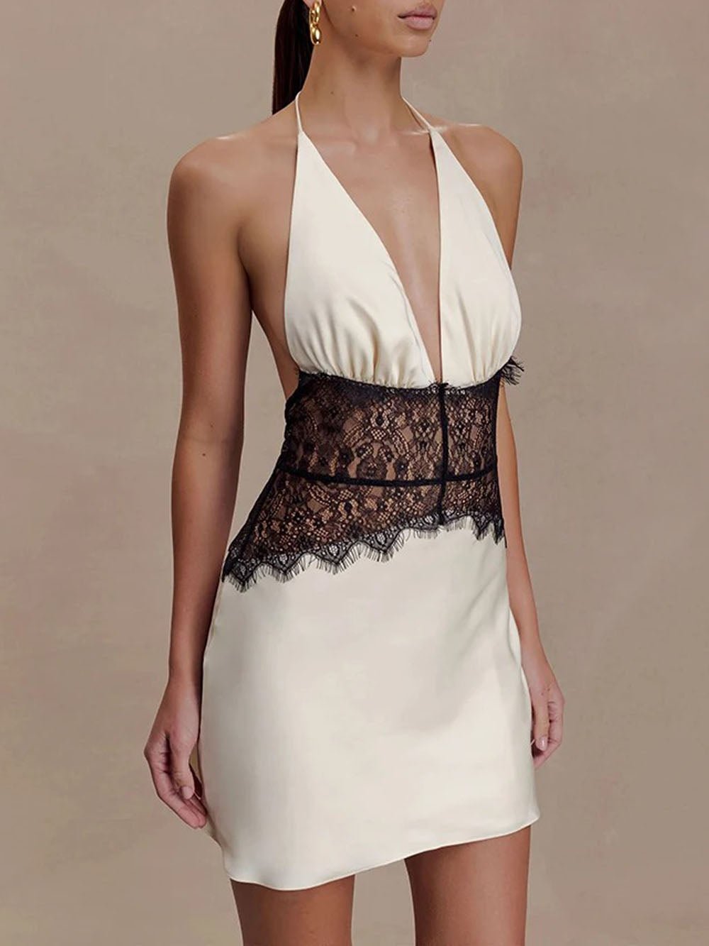 Amelie Lace Patchwork Halter Mini Dress - Fashion Pov