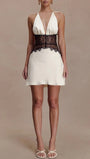 Amelie Lace Patchwork Halter Mini Dress - Fashion Pov
