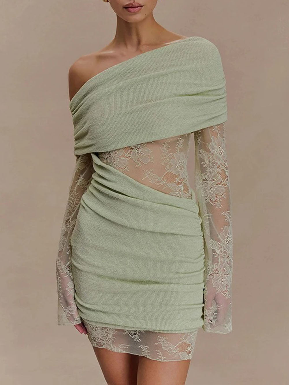 Aurelia One Shoulder Lace Mini Dress Sage Whisper - Fashion Pov