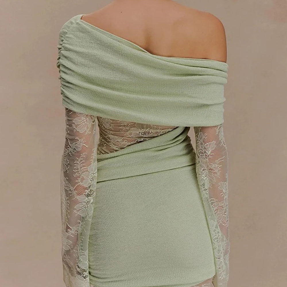 Aurelia One Shoulder Lace Mini Dress Sage Whisper - Fashion Pov