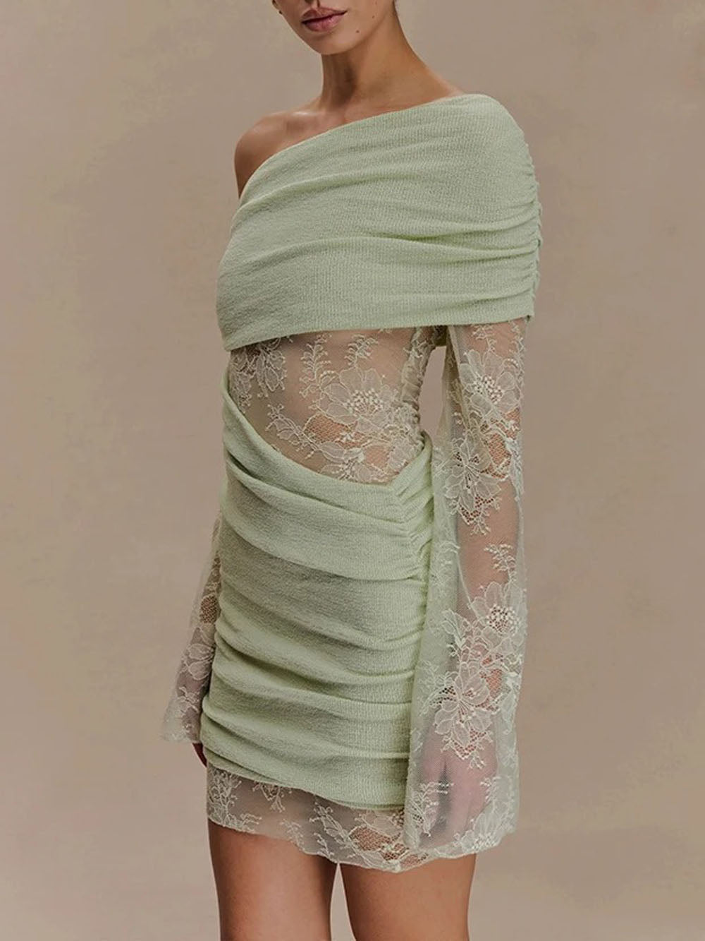 Aurelia One Shoulder Lace Mini Dress Sage Whisper - Fashion Pov