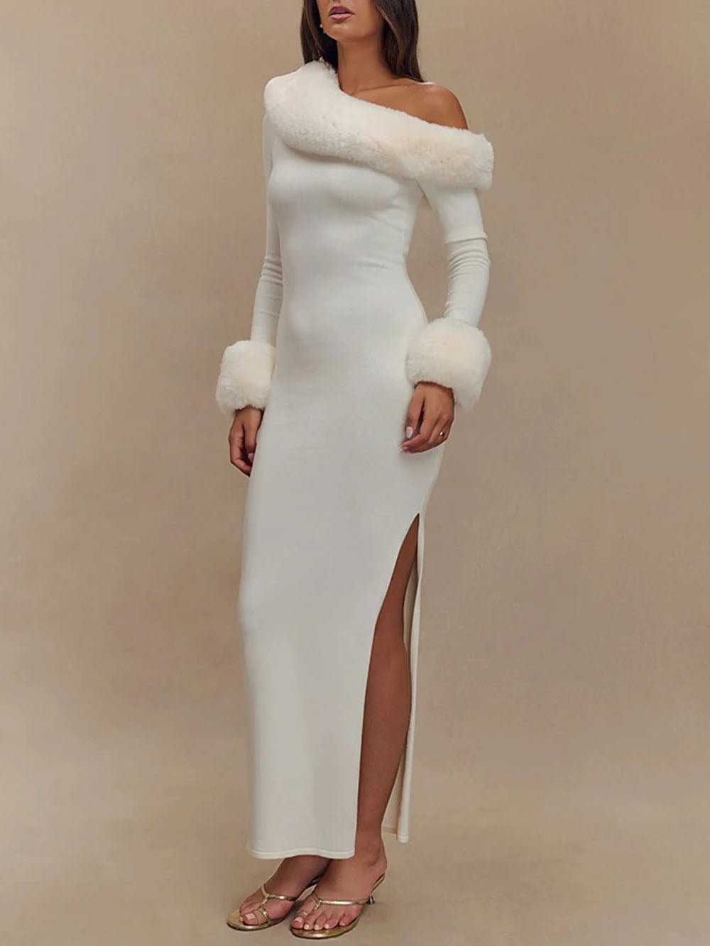 Aurora One Shoulder Fur Trim Gown - Fashion Pov
