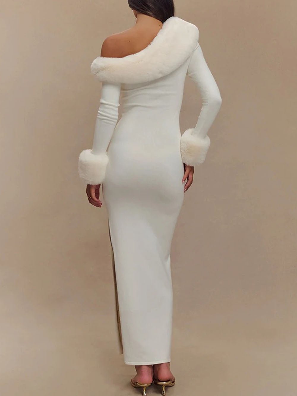 Aurora One Shoulder Fur Trim Gown - Fashion Pov