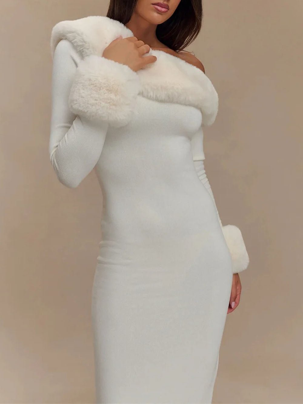 Aurora One Shoulder Fur Trim Gown White / S Aurora One Shoulder Fur Trim Gown White / S