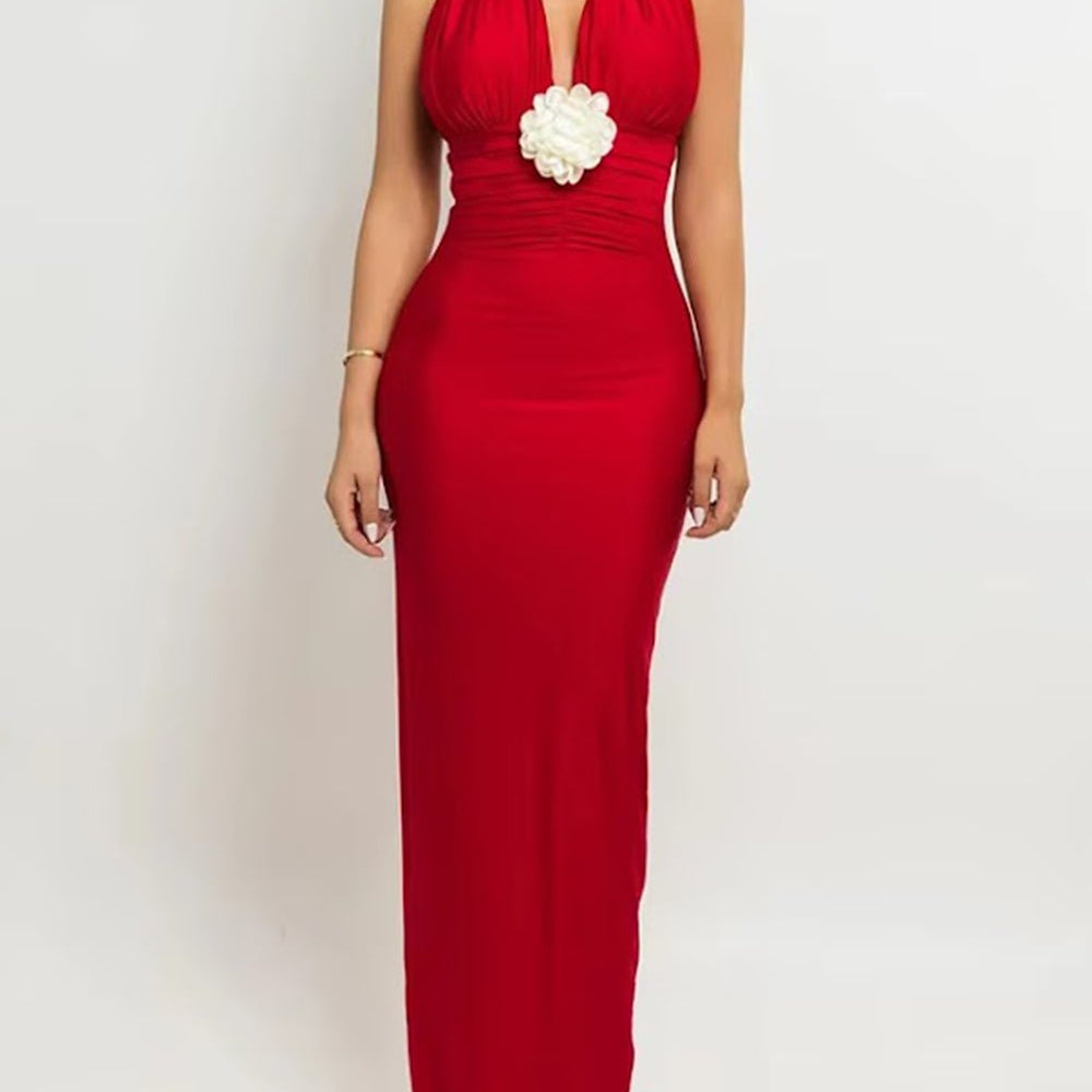 Bianca Floral Halter Ruched Gown Dress - Fashion Pov