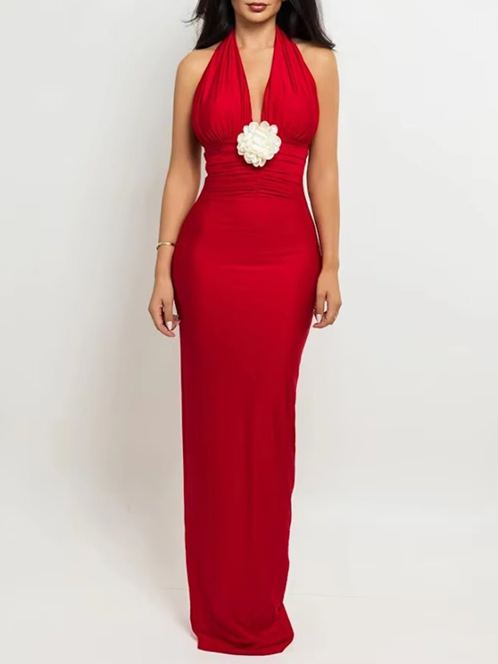 Bianca Floral Halter Ruched Gown Dress - Fashion Pov