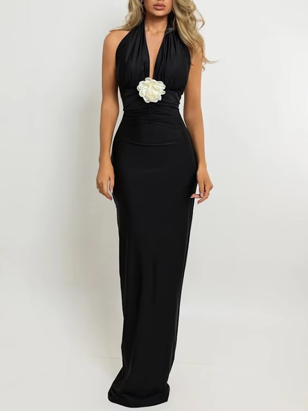 Bianca Floral Halter Ruched Gown Dress - Fashion Pov
