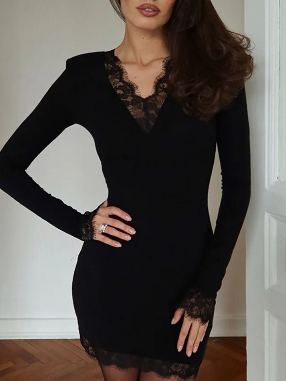 Bianca Lace V Neck Mini Dress Midnight Black - Fashion Pov
