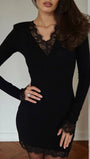 Bianca Lace V Neck Mini Dress Midnight Black - Fashion Pov