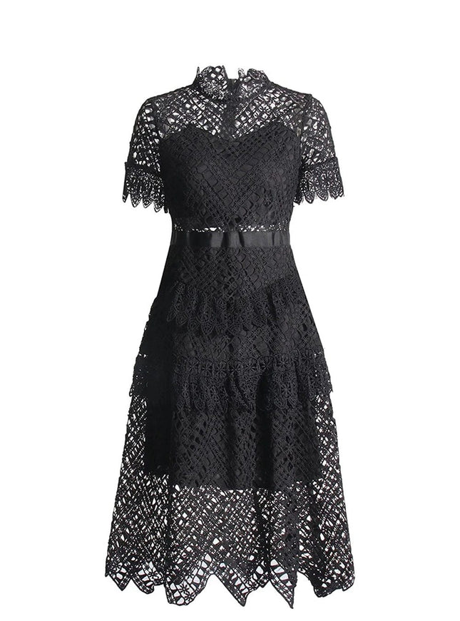 Britain Hollow Out Ruffle Slim Midi Dress - Fashion Pov