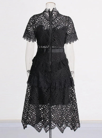 Britain Hollow Out Ruffle Slim Midi Dress - Fashion Pov