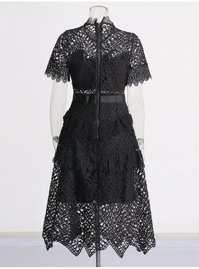 Britain Hollow Out Ruffle Slim Midi Dress - Fashion Pov