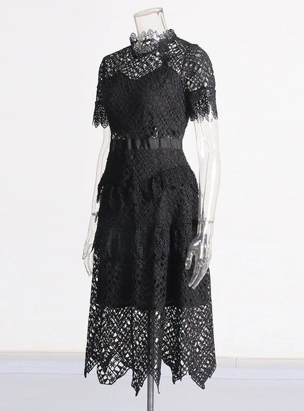 Britain Hollow Out Ruffle Slim Midi Dress - Fashion Pov