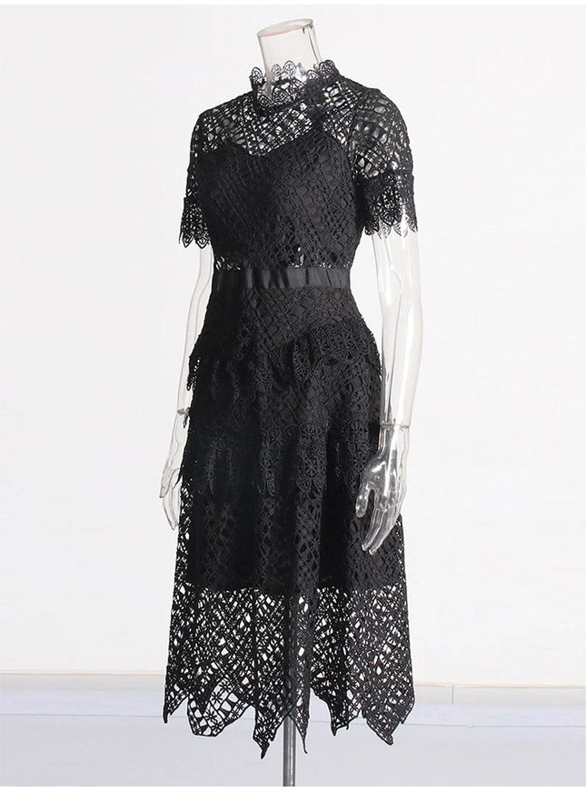 Britain Hollow Out Ruffle Slim Midi Dress - Fashion Pov