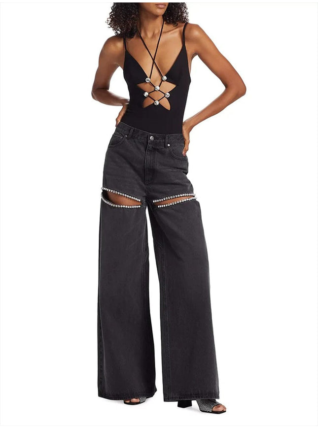 Brithany Hollow Out Diamond Denim Pant - Fashion Pov