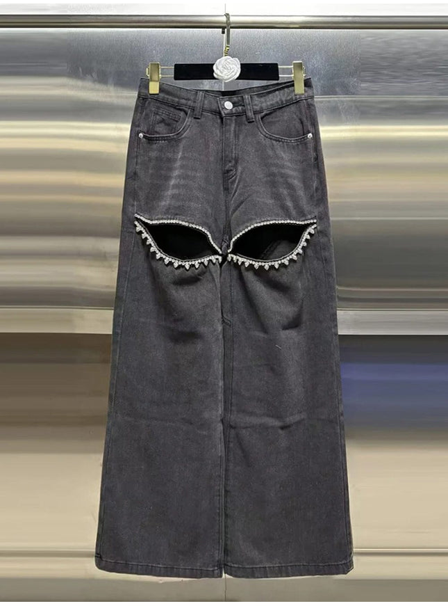 Brithany Hollow Out Diamond Denim Pant - Fashion Pov