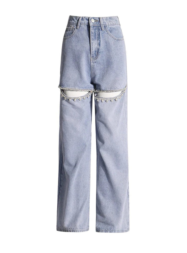 Brithany Hollow Out Diamond Denim Pant - Fashion Pov